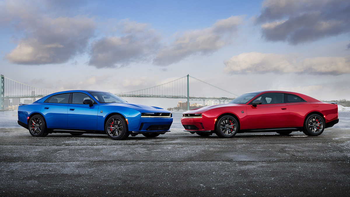 The Dodge Charger Daytona Scat Pack is available as both a four-door sedan (left in Bludicrous) and two-door coupe (right in Redeye) for the 2027 model year