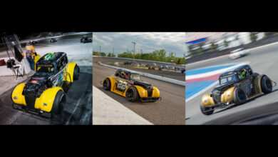 Three images of U.S. Legend Cars International on track