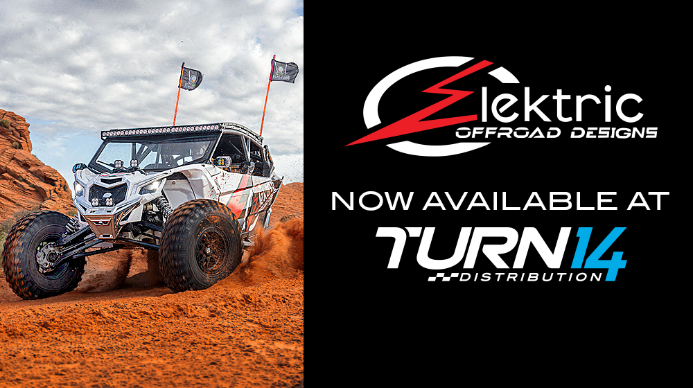 Side-x-Side running in clay next to Elektric Offroad Designs and Turn 14 Distribution logos