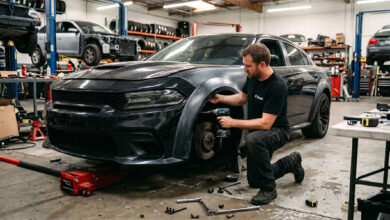 Installer working on vehicle in shop