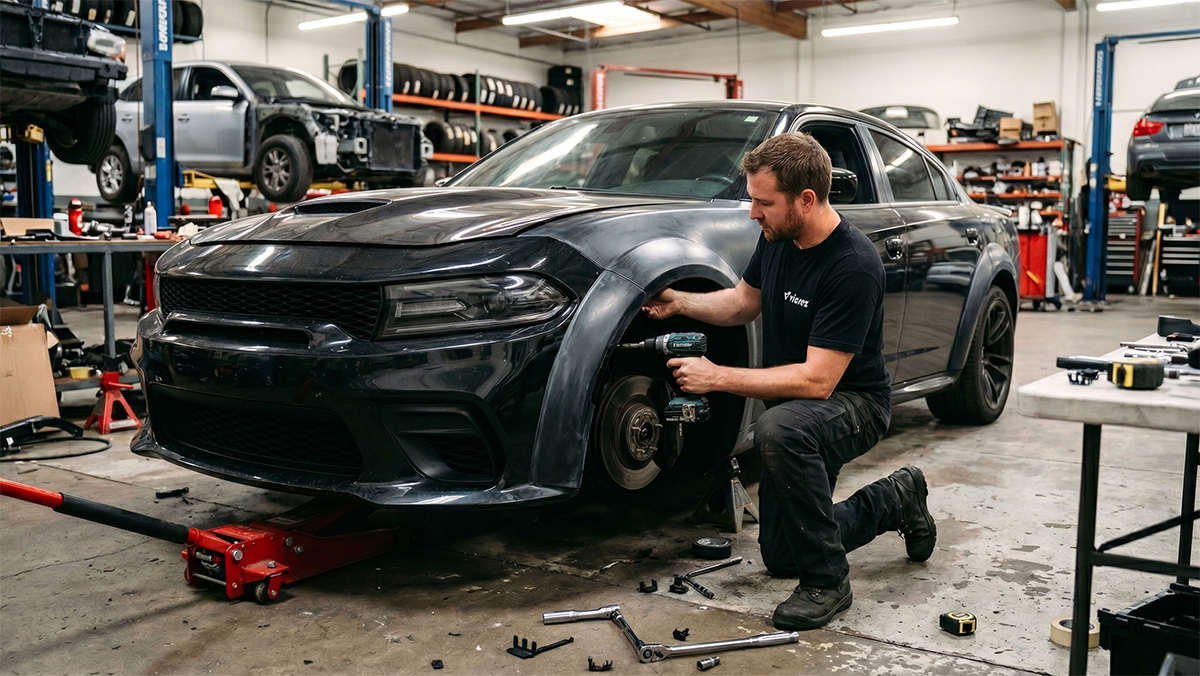 Installer working on vehicle in shop