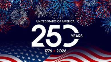 Independence Day 250th graphic with flag and fireworks