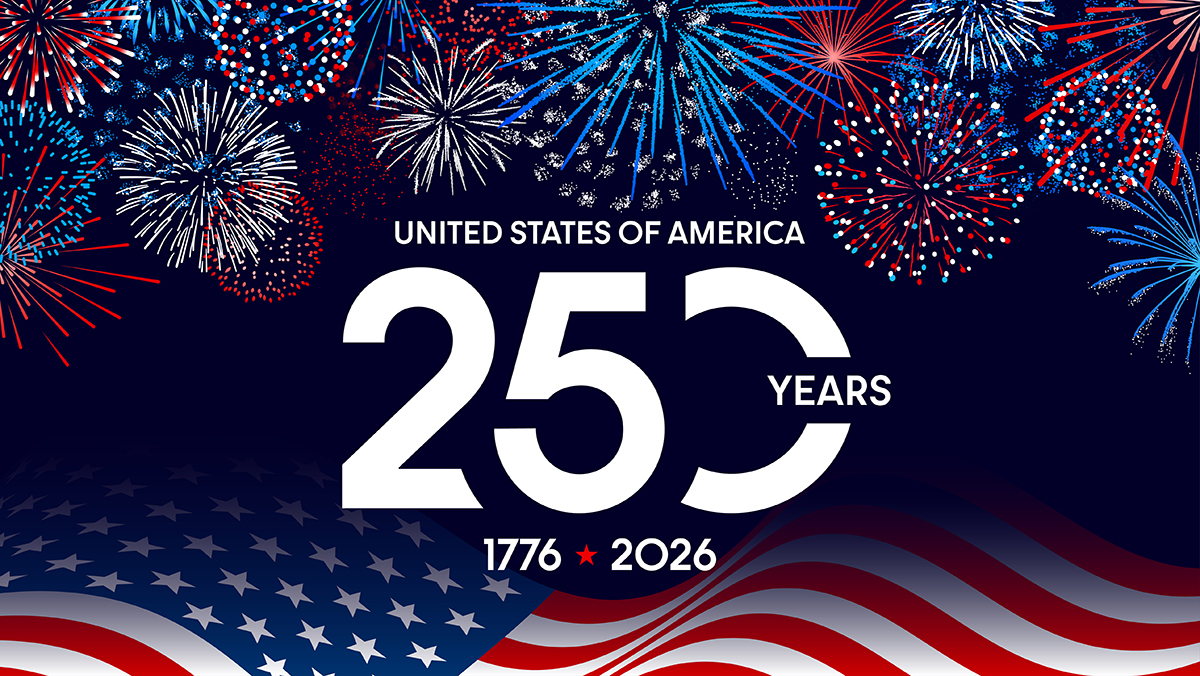 Independence Day 250th graphic with flag and fireworks