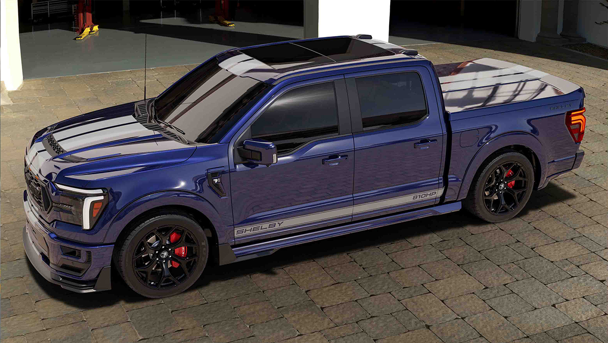 Blue Shelby F-150 Super Snake SuperCrew parked next to sidewalk