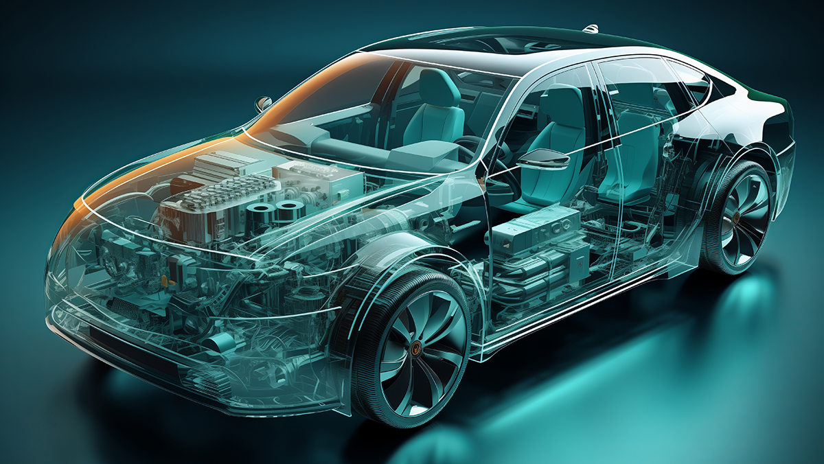 Computer mockup of a car with a transparent body showing the eng