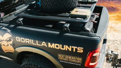 Gorilla Mount's Starlink Mini mount mounted on rack in truck bed