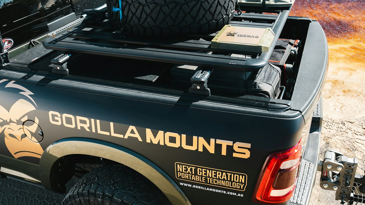 Gorilla Mount's Starlink Mini mount mounted on rack in truck bed