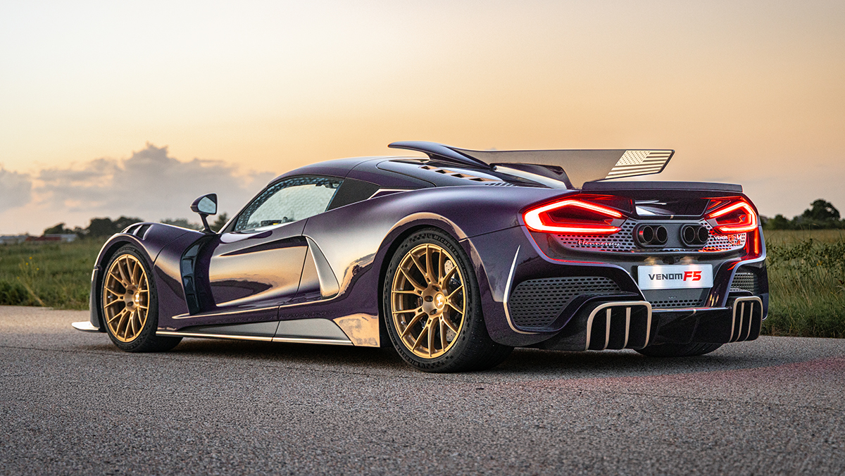 Hennessey Venom F5-M three-quarter rear view parked on road