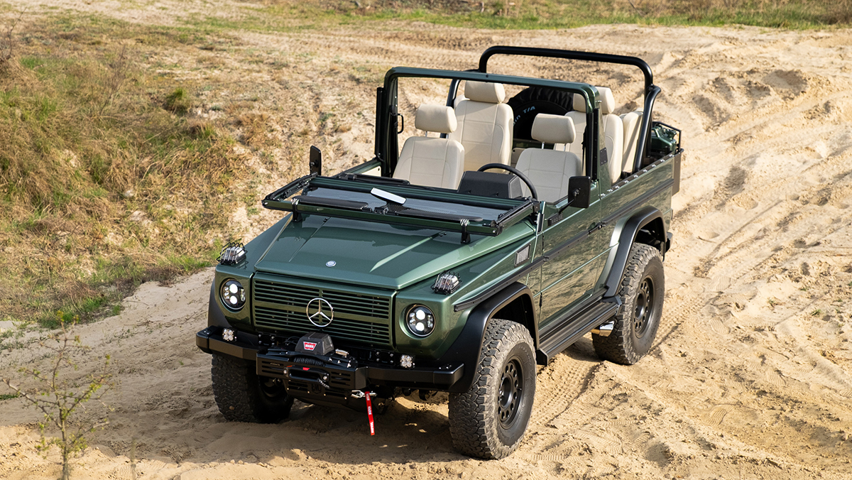 Mercedes Ireland Mid Green Metallic - LS3 V8 three-quarter front on dirt road