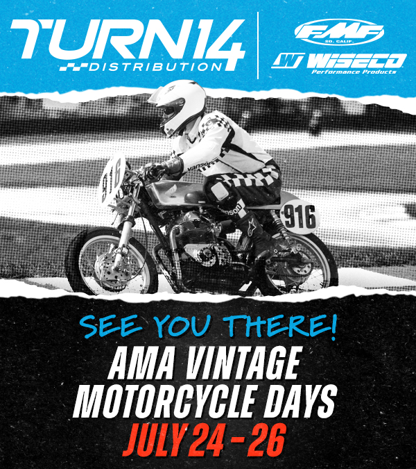 Turn 14 Distribution promotional graphic for Vintage Motorcycle Days