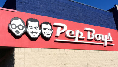 Pep Boys sign, logo on the facade of automotive aftermarket service chain store - Santa Clara, California