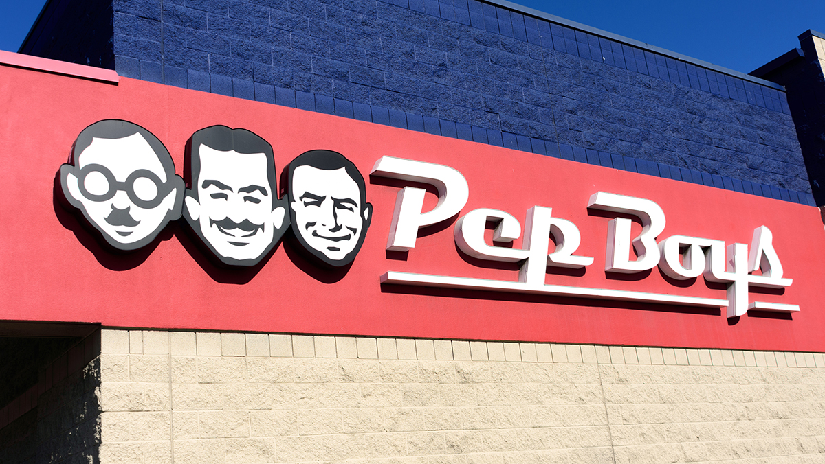 Pep Boys sign, logo on the facade of automotive aftermarket service chain store - Santa Clara, California