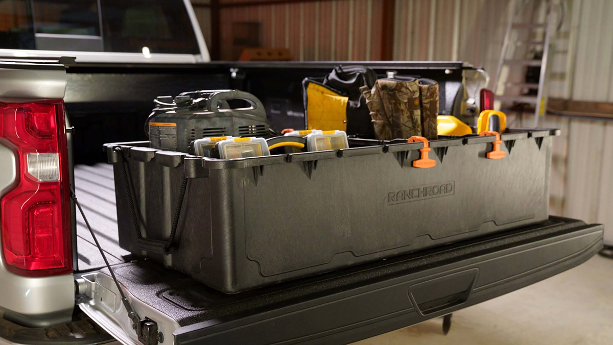 RanchRoad cargo box loaded with gear in truck bed