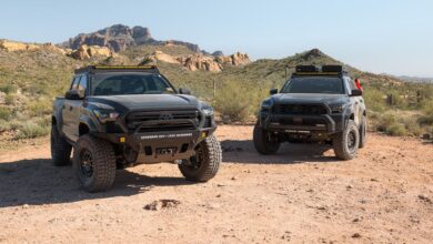 Toyota trucks in desert
