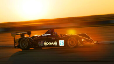 #26 XM Satellite Radio AGR Acura ARX-01a on racetrack at sunset at Sebring International Raceway, Florida, USA Dario Franchitti