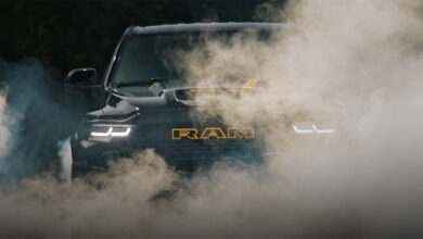 Direct Connection Ram Rumble Bee driving through smoke