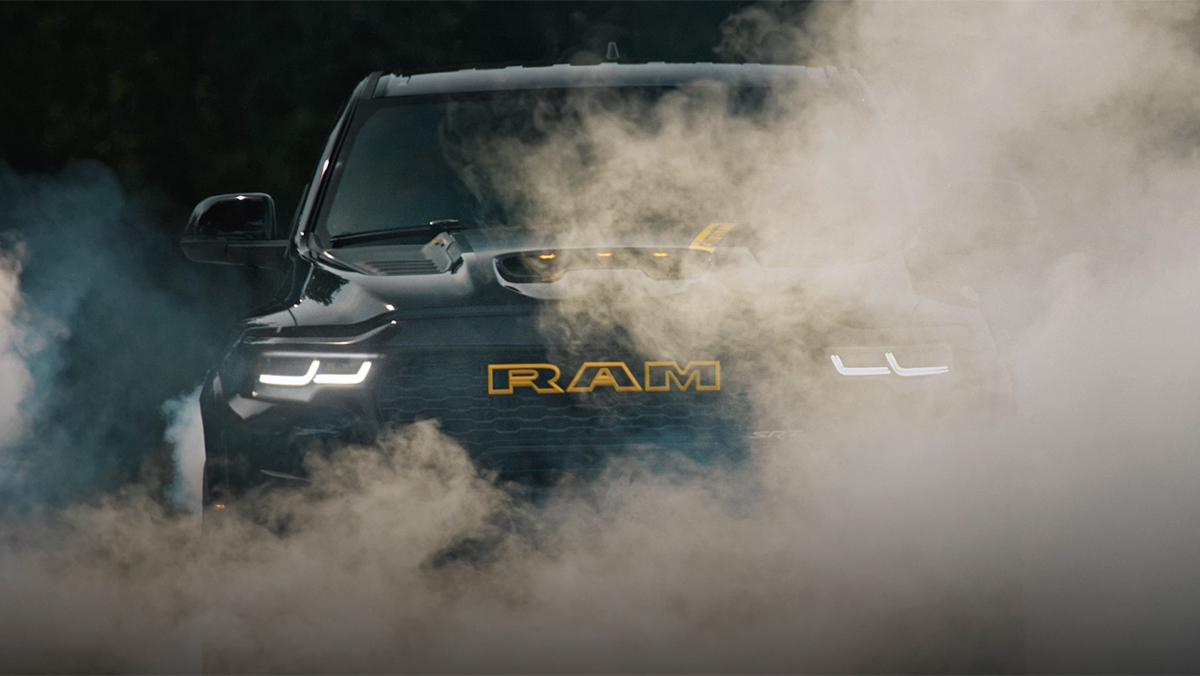 Direct Connection Ram Rumble Bee driving through smoke