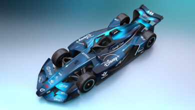 Formula E race car with Disney livery