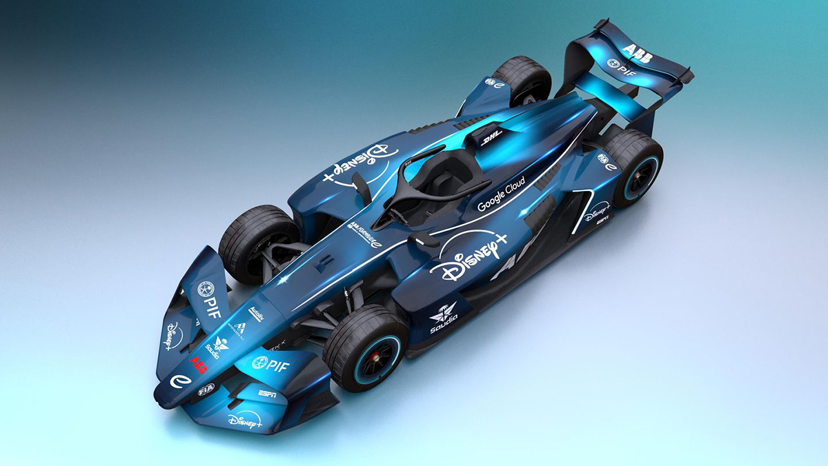 Formula E race car with Disney livery