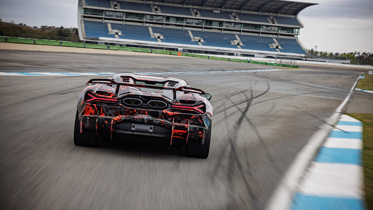 Lamborghini Revuelto SV from behind on track