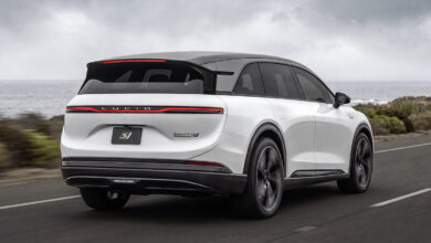 Lucid Gravity GT-S on road from behind