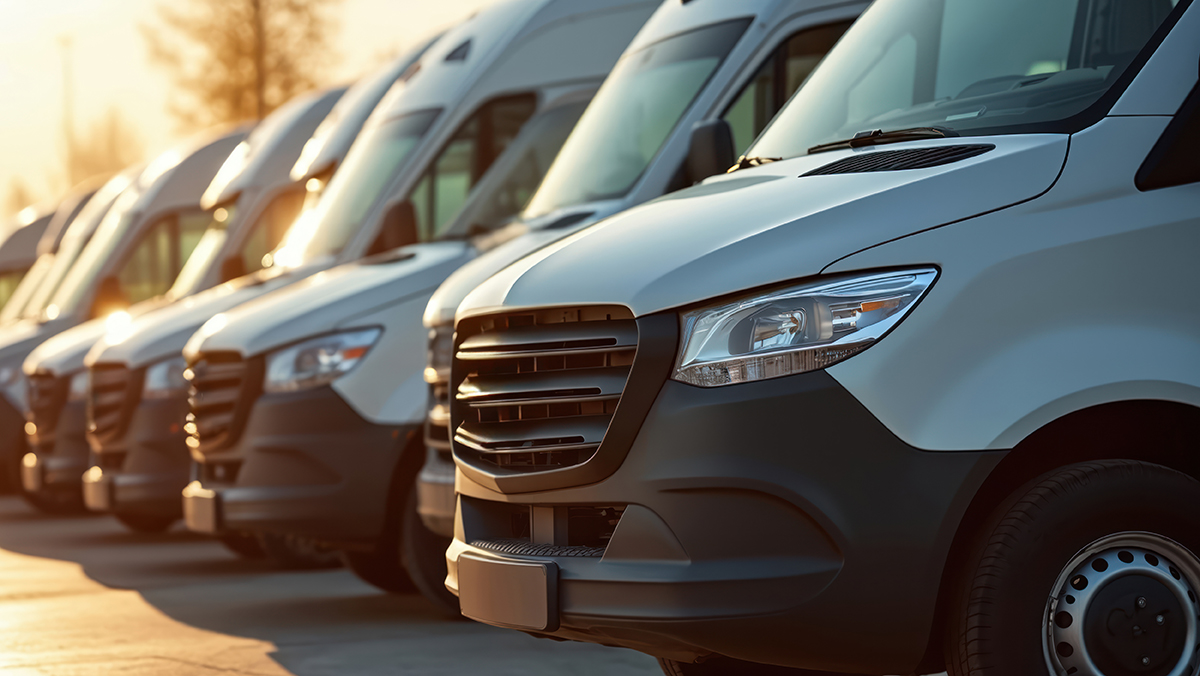 New passenger vans parked in a line
