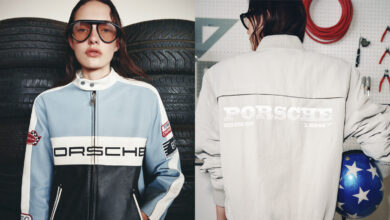 Split image showing two models wearing pieces from the Porsche Collection by REVOLVE