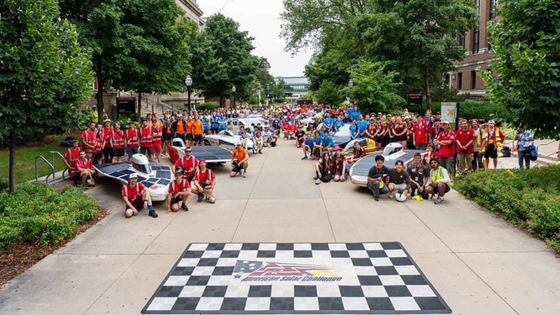 Teams at the 2026 Electrek American Solar Challenge lined along the road