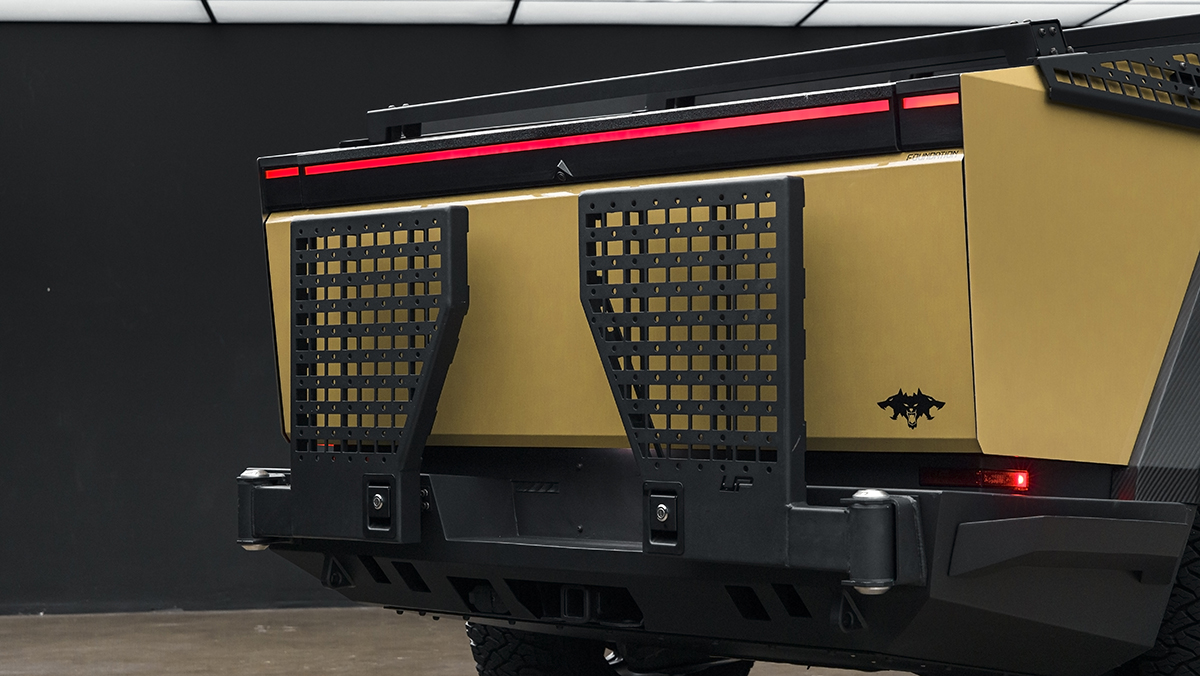 Swing arms on back of the Unplugged Performance Invincible Tesla Cybertruck