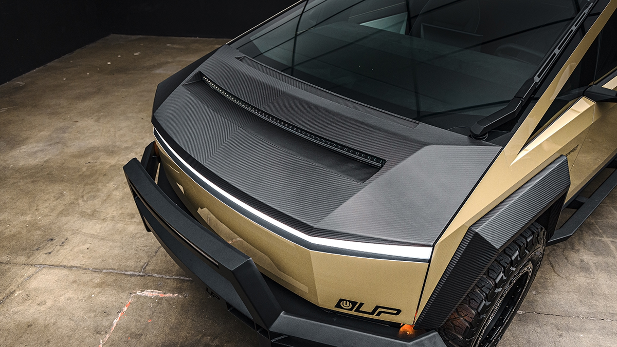 Closeup of hood of Unplugged Performance Invincible Tesla Cybertruck