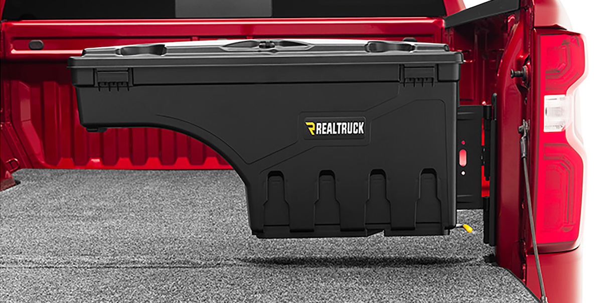 toolboxes cargo carriers black swiveling realtruck truck bed cargo box in red truck