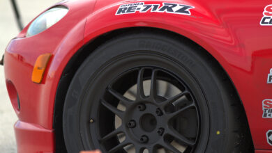 Closeup of Bridgestone tire on racecar