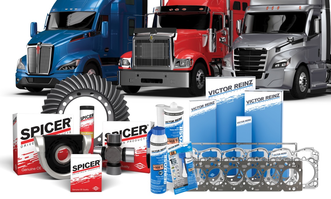 dana vipar graphic with drivetrain components in front of semis