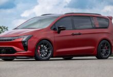 Red Pacifica project vehicle built by Chrysler and VANkuture side view outdoors