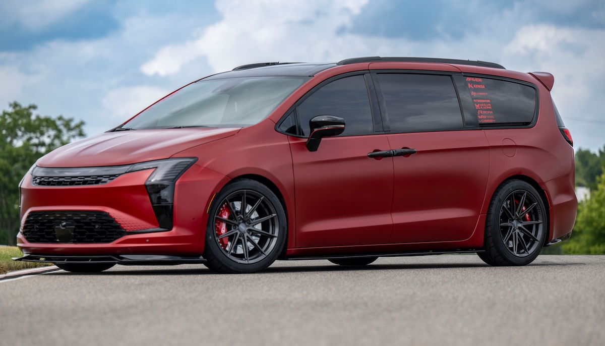 Red Pacifica project vehicle built by Chrysler and VANkuture side view outdoors