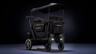 The WonderFold x Porsche Stroller Wagon in low light