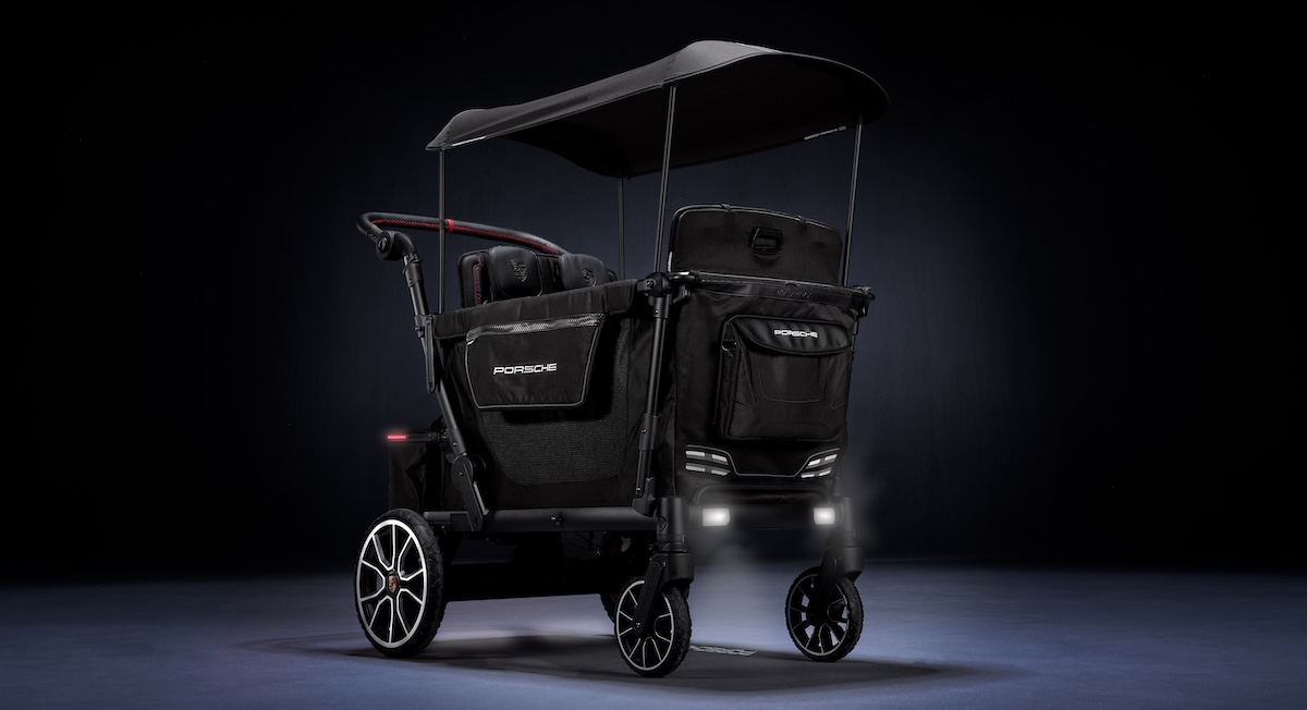 The WonderFold x Porsche Stroller Wagon in low light