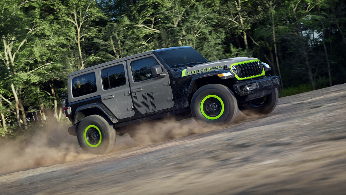 2027 Jeep Wrangler Switchback driving up hill
