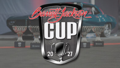 Barrett-Jackson Cup logo with trophies and car in background