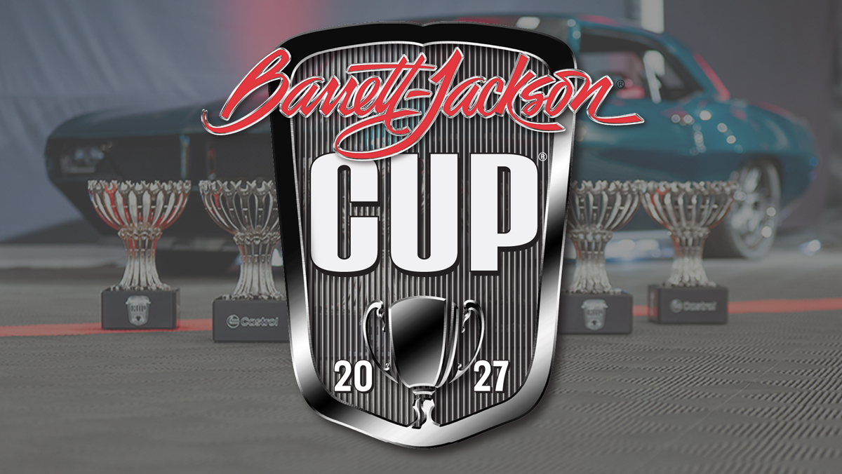 Barrett-Jackson Cup logo with trophies and car in background