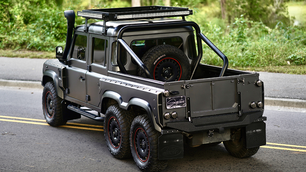 Bespoke 1993 Land Rover Defender Flying Huntsman 6x6 three quarters rear