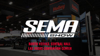 SEMA Show logo with Holley booth in background