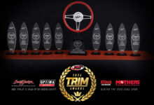 TRIM Award trophies and sponsor logos